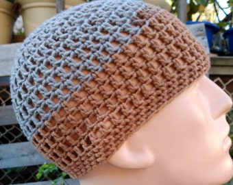 Grey and brown kufi beanie skullcap crochet large - x-large #E12