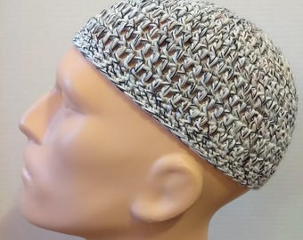 White, black, and peach kufi beanie skullcap crochet medium