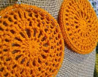 Mandala Boho chic orange cotton crochet circle earrings