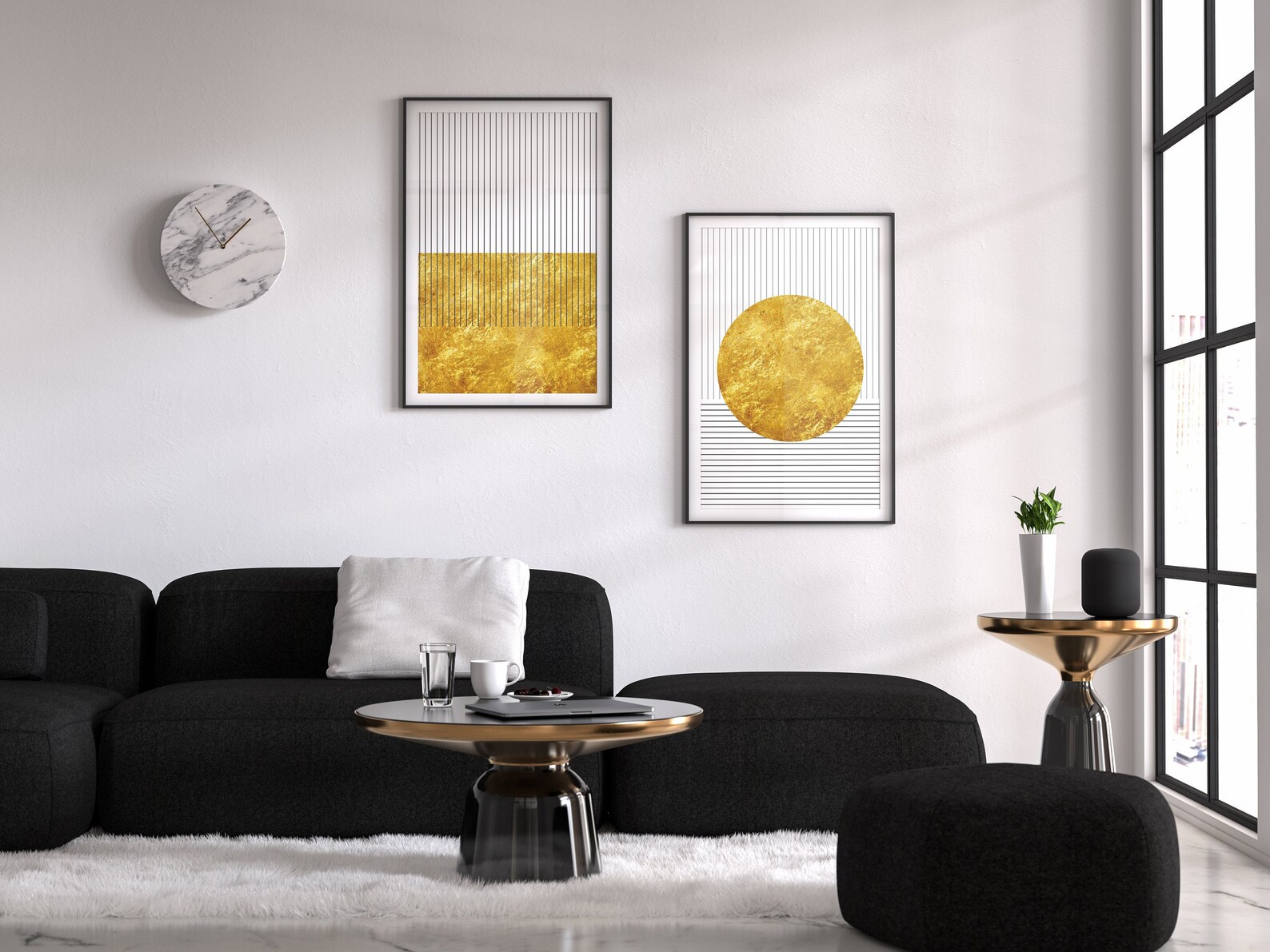 Geometric Gray & Gold Wall Art Set of 2 Midcentury Modern Etsy