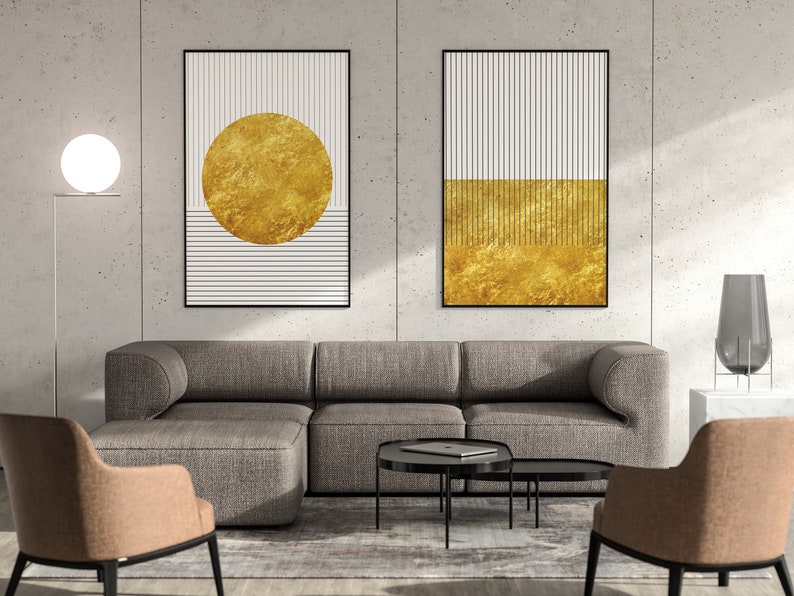Geometric Gray & Gold Wall Art Set of 2 Midcentury Modern Etsy