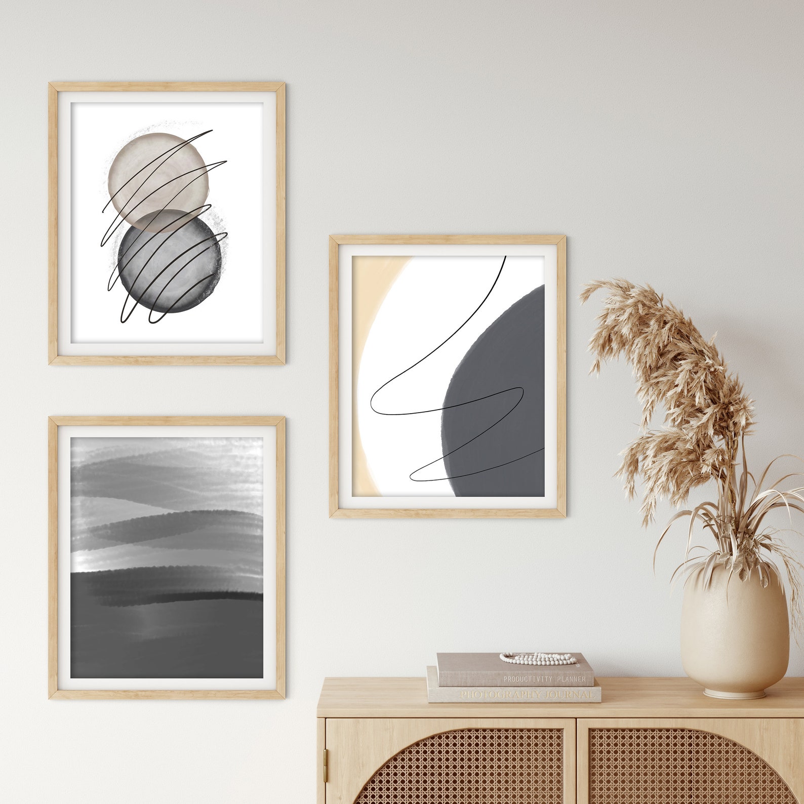 Neutral Abstract Printable Wall Art Set of 3, White Gray Beige Tan ...