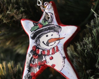 Snowman Ornament. Snowman Star. Snowman Christmas Ornament. Ceramic Snowman Ornament - Hand Made; Self-hanging Ornament - Red Frosty Snowman