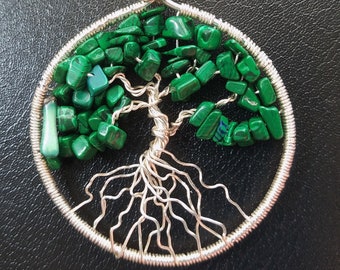 Tree of Life Wire Wrapped Pendent Circle Gemstone Malachite Silver Shipping Free US