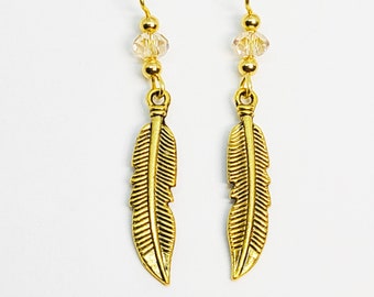 Swarovski Gold Feather Dangle Earrings Amethyst Golden Shadow Shipping Free US