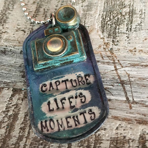 Embellished Dog Tag Necklace Hand stamped "Capture Life's Moments ".   Camera jewelry