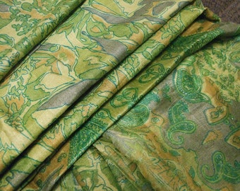 Indian printed Silk sari, 6 yards 42 inches wide, gorgeous piece in lilac, lime, beige and camel colors. (Sari 22).
