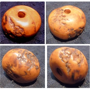 May include: A close-up of a round, light brown, smooth, and polished bead with a hole in the centre. The bead has a worn, aged appearance with dark brown markings.
