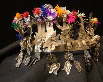 Vintage Chinese wedding headband, lots of movement, adjustable, front is 5 in. tall with dangles, by 15 in. .  (Hat 8)