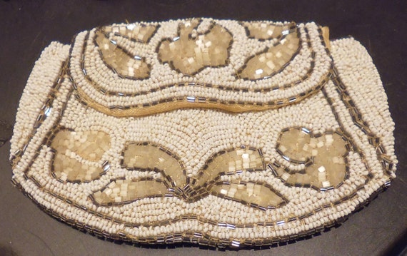 Antique  Seed Bead Purse, 2 whites and silver, 3.… - image 1