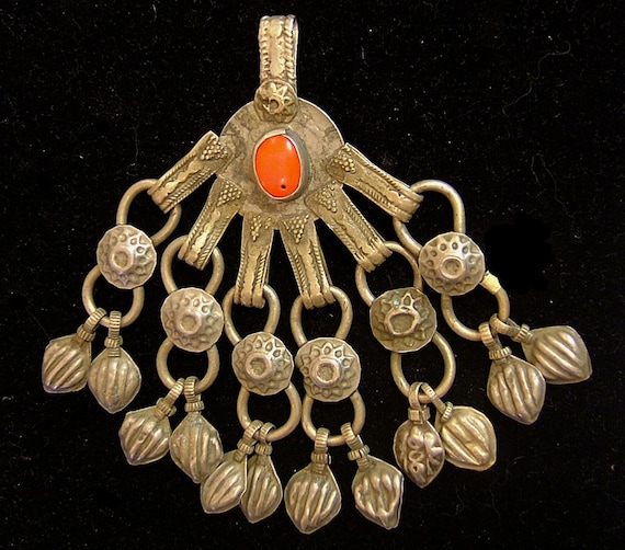 Old Turkoman tribal silver pendant, 3 x 5 inches,… - image 1