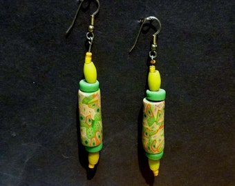 PE 6-- Polymer drop earrings, with antique glass Venetian African trade beads, 60mm long. Spring colors. One of a kind by Karen Murphy