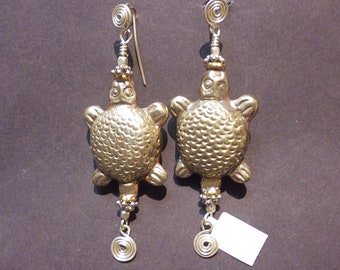 Traditional Tibetan silver reposse turtle earrings with daisy spacers, 68 x 25 mm