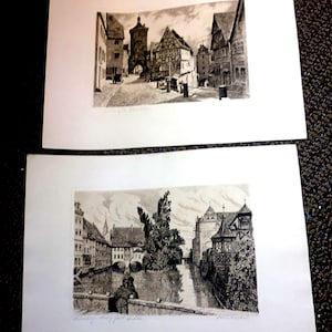 Pair of German etching, late 1800, Title Plonlein in Rothenburg, These passed down to me from the German part of my European mongrel family