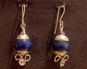 Nepalese lapis with traditional silver work,  15mm beads, 30 mm long earrings