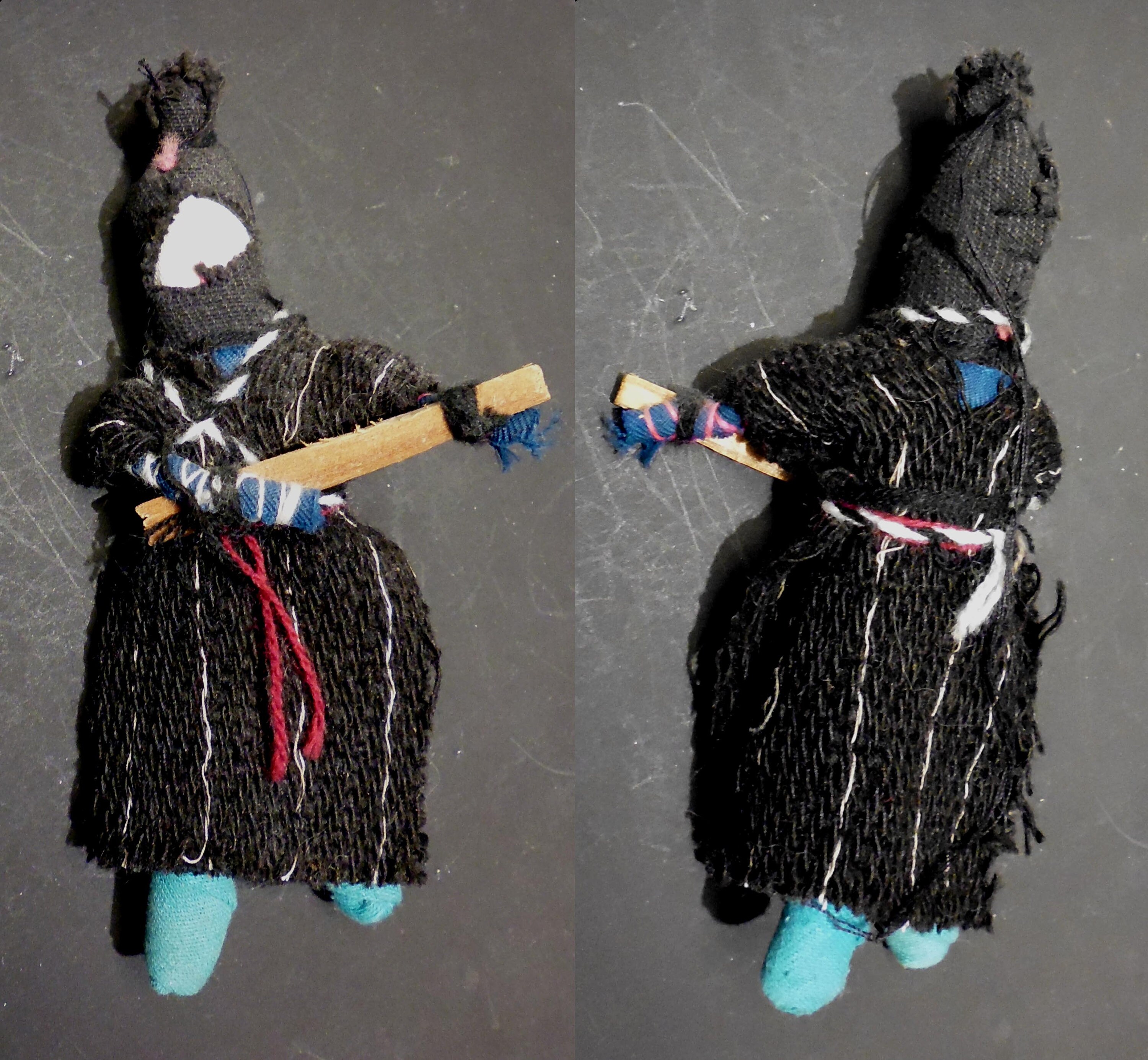 Sandinista doll, commonly seen hanging from bus mirrors in Mexico 30 years ago.  7x3". both sides shown. (Doll 2)