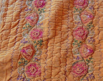 Garnet Hill vintage gold with floral embroidery and chocolate brown frame, 84x88 excellent condition, thick warm quilted bed spread.