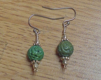 Antique Natural carved turquoise earrings, 10x26 mm,  Beads are 10mm.