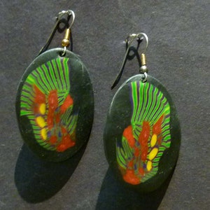 EP 12 --  Flat oval polymer drop earrings, very light weight, 44mm, jungle colors.  One-of-a-kind by Karen Murphy