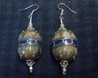 Afghani silver and gold wash beads inlaid with Lapis  earrings. Length is 45mm