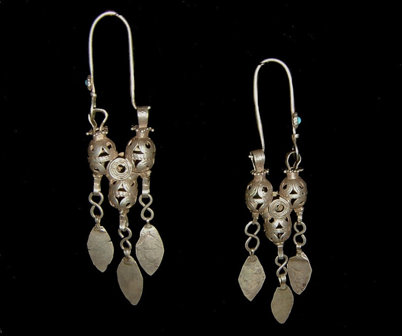 Antique Turkoman high quality tribal silver earrings, 4 3/4 inches, museum quality. Weight is 16 g each. image 1