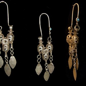 Antique Turkoman high quality tribal silver earrings, 4 3/4 inches, museum quality. Weight is 16 g each. image 2