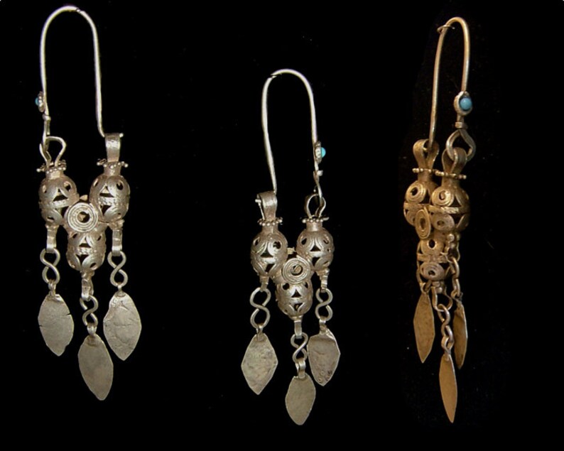 Antique Turkoman high quality tribal silver earrings, 4 3/4 inches, museum quality. Weight is 16 g each. image 2