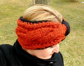 Turban Headband Knit Chunky Cabled, Ear Warmer, One Size fits all, Rusty Burnt Orange with Black border