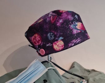 Scrub Cap with Buttons,Women's Medical cap, Surgical cap, planets and stars, solar system, purple Adjustable with buttons,RN, RT, Anesthesia