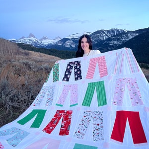 Puede incluir: Una colcha blanca con un diseño de patchwork que presenta varios patrones de pantalones. La colcha está compuesta por 16 cuadrados, cada uno con un patrón de pantalones diferente. Los pantalones son de varios colores, incluyendo rojo, verde, rosa y azul. La colcha está siendo sostenida por una persona frente a una cordillera.
