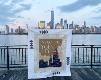 NYC Quilt Pattern PDF | Modern Quilt with Fabric Panel | New York City Skyline Quilt | Beginner Friendly Quilt Pattern