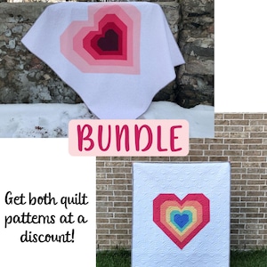 May include: A bundle of two quilt patterns. One quilt is white with a pink heart design. The other quilt is white with a rainbow heart design. The word "BUNDLE" is in pink text.