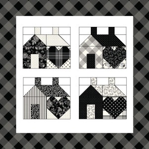 May include: Four black and white quilt blocks featuring a house design with a heart in the center. Each block has a different pattern in the house and heart.
