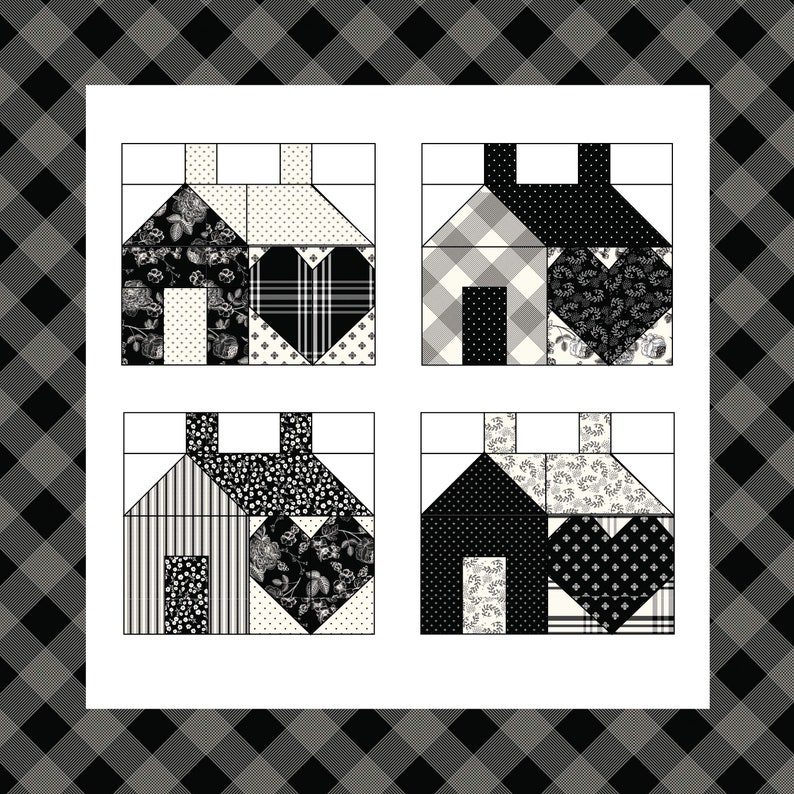 May include: Four black and white quilt blocks featuring a house design with a heart in the center. Each block has a different pattern in the house and heart.