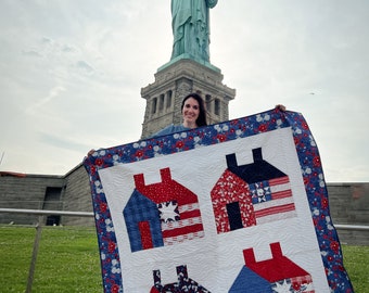 Liberty Home Quilt Pattern | Patriotic House Quilt PDF | Flag Quilt Pattern | Quilts of Valor Quilt | Red White Blue Quilt Design