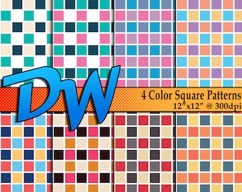 Squares in 4 Color Patterns - 8 Different Color Combo - High Resolution Digital Papers - 12"x12" 3600x3600 300dpi - Easy to use .PNG Files