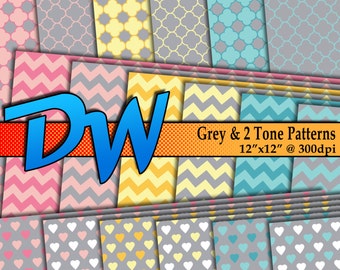 Grey & 2 Tone Digital Paper-18 Printable Scrapbook Craft Paper-Hearts Chevron Quatrefoil Patterns Instant Download 12"x12" HIGH Resolution