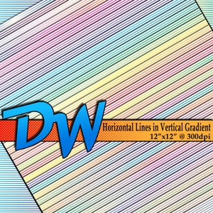 Puede incluir: Un fondo de papel digital con líneas horizontales en un degradado vertical de colores. Los colores son azul, verde, amarillo, naranja, rojo y morado. El fondo mide 12 pulgadas por 12 pulgadas a 300 dpi. El texto "DW Horizontal Lines in Vertical Gradient 12"x12" @ 300dpi" está en la esquina inferior derecha de la imagen.