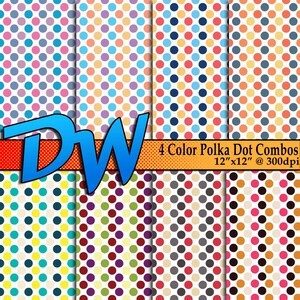 May include: Four digital paper designs featuring polka dots in various color combinations. Each design is 12 inches by 12 inches at 300 dpi.