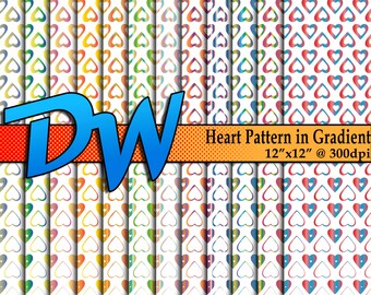 Heart Pattern 12 Pack in Gradient Colors Digital Paper - 3600x3600 12x12 300dpi Gradient Colors- Digital Download .PNG Files