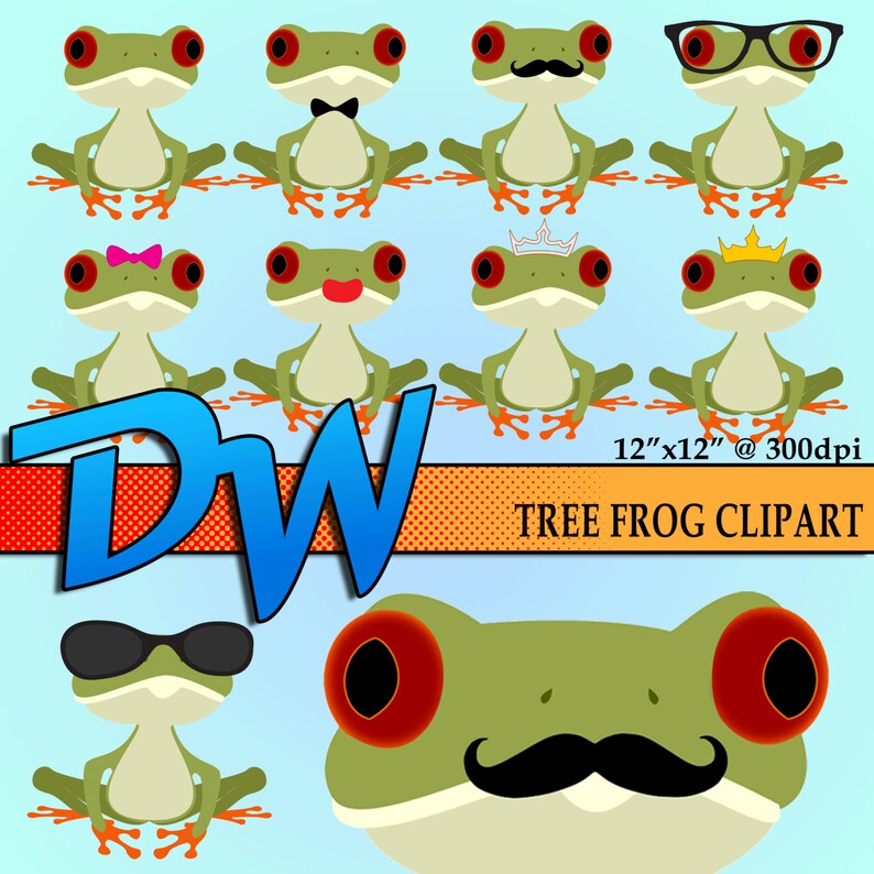 May include: A set of 10 digital clipart images of green tree frogs with various expressions and accessories. The frogs are wearing items like glasses, a bow tie, a crown, and a mustache. The images are 12 inches by 12 inches at 300 dpi.  Tree Frog Clipart.