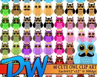 Cute Owl Clipart - Great Deal for 60 Different Character Variations - Each 12"x12" @ 300dpi High Res. - .PNG  Ditigal Files