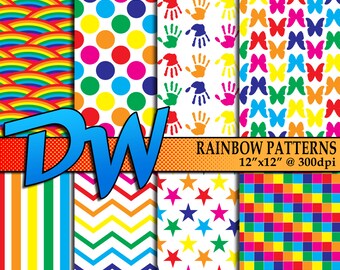 Rainbow Patterns - 8 Pack-Chevron, Stars, Butterflies, Polka Dots, Hands and more!-Printable Paper-HIGH Resolution 12"x12"- INSTANT download