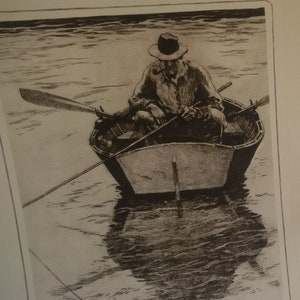 Wall Art, Vintage Art, Vintage Litho, Fishing, Man Cave Art, R.H. Palenske &quot;Just Fishin&#39;&quot; Lithograph with Printed Proverb