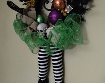 Wicked Witch of the West  Halloween wreath,  Witch Feet  Wreath, Hand Crafted Wreath, Fall Wreath, Black Cat, Fall  Floral wreath