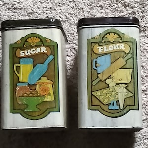 Recipientes metálicos antiguos para harina y azúcar de cocina, recipiente metálico para harina de los años 70, latas Chienco, recipiente metálico para azúcar de cocina.