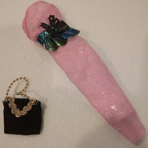 Barbie Vintage Evening Dress w Beaded Couture Belt and Black Velvet Purse, Vintage Barbie Accessories, Barbie Pink Evening Gown