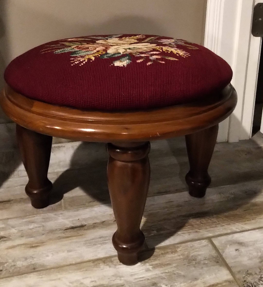 Foot Stool Vintage, Needlepoint Burgundy Stool, Vintage Bench - Etsy