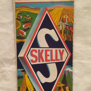 May include: Vintage highway map of the Central-Western United States, featuring a colorful illustration with the Skelly Oil Company logo. The map includes illustrations of farming, Native Americans, and cowboys.