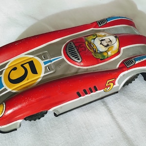 Friction Toy Race Car Made in Japan, Mercedes??, Vintage T.T. Tin Litho Race Car, Mid Century Friction Race Car, Rubber Wheels, Speed Racer